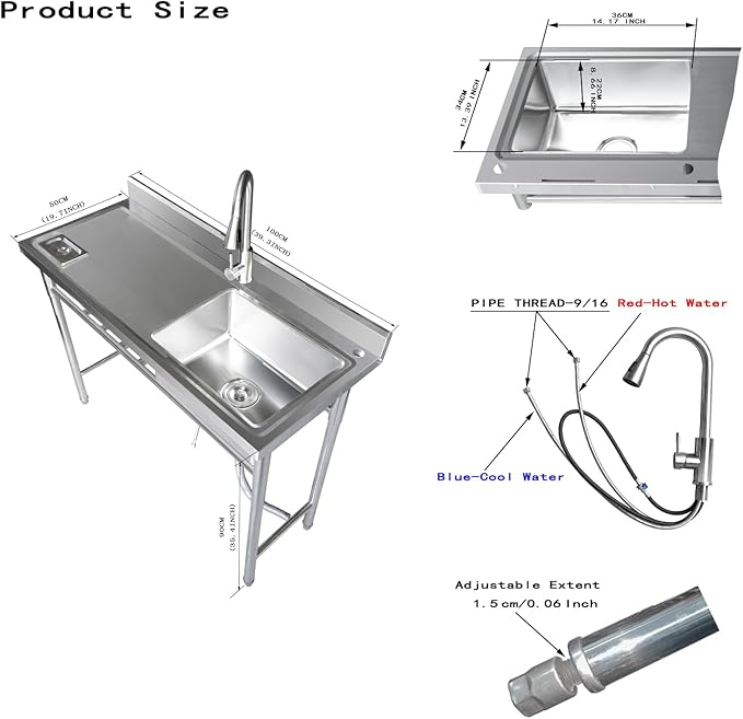 304 Stainless Steel Utility Sink with Faucet – Free Standing Single Bowl Left Kitchen Sink with Workbench & Small storage box, Hot/Cold Water Pipes for Laundry, Farmhouse & Outdoor Use 39“