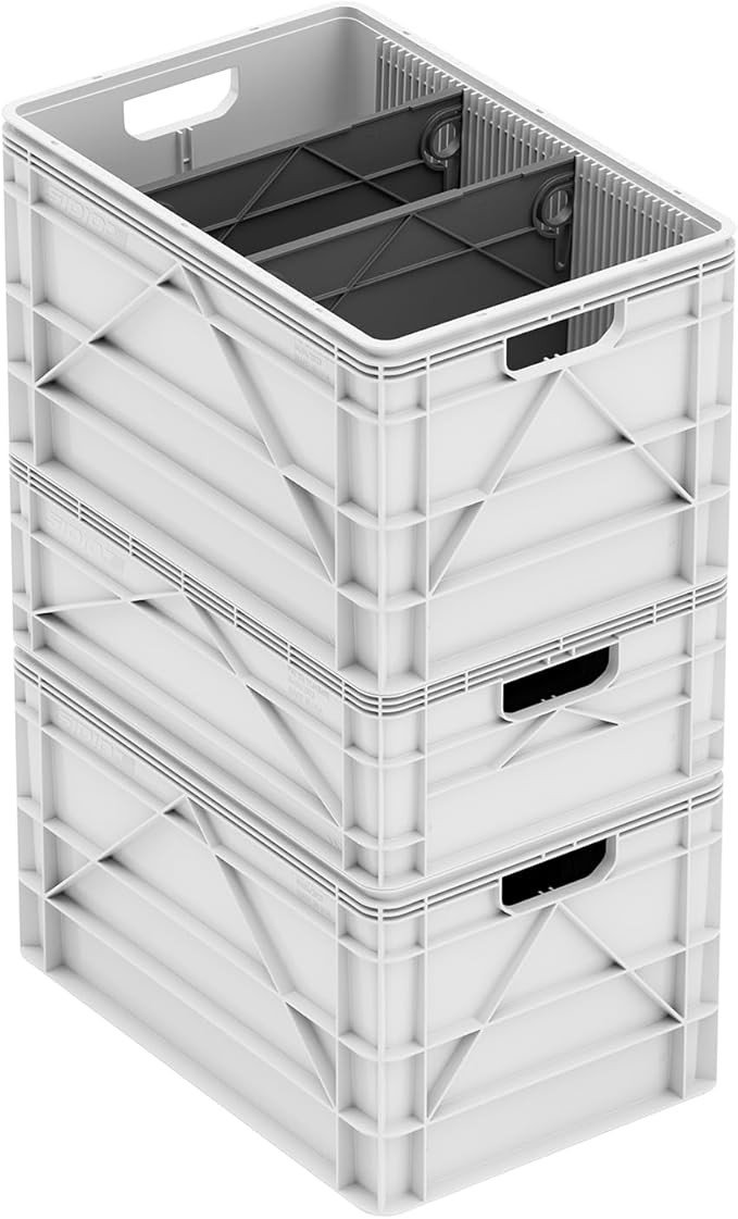SIDIO CRATE Basic Pack - Two Full Size and One Half Size SidioCrate, Stackable Outdoor Organizer Storage Bins with Dividers - White