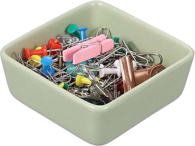 PATIKIL Square Paper Clip Holders, Ceramic Bowl Dish Clip Dispenser Organizer Desk Organizer Accessories for Office Desktop Decor Bobby Pin Binder Paper Clamp, Matcha Green