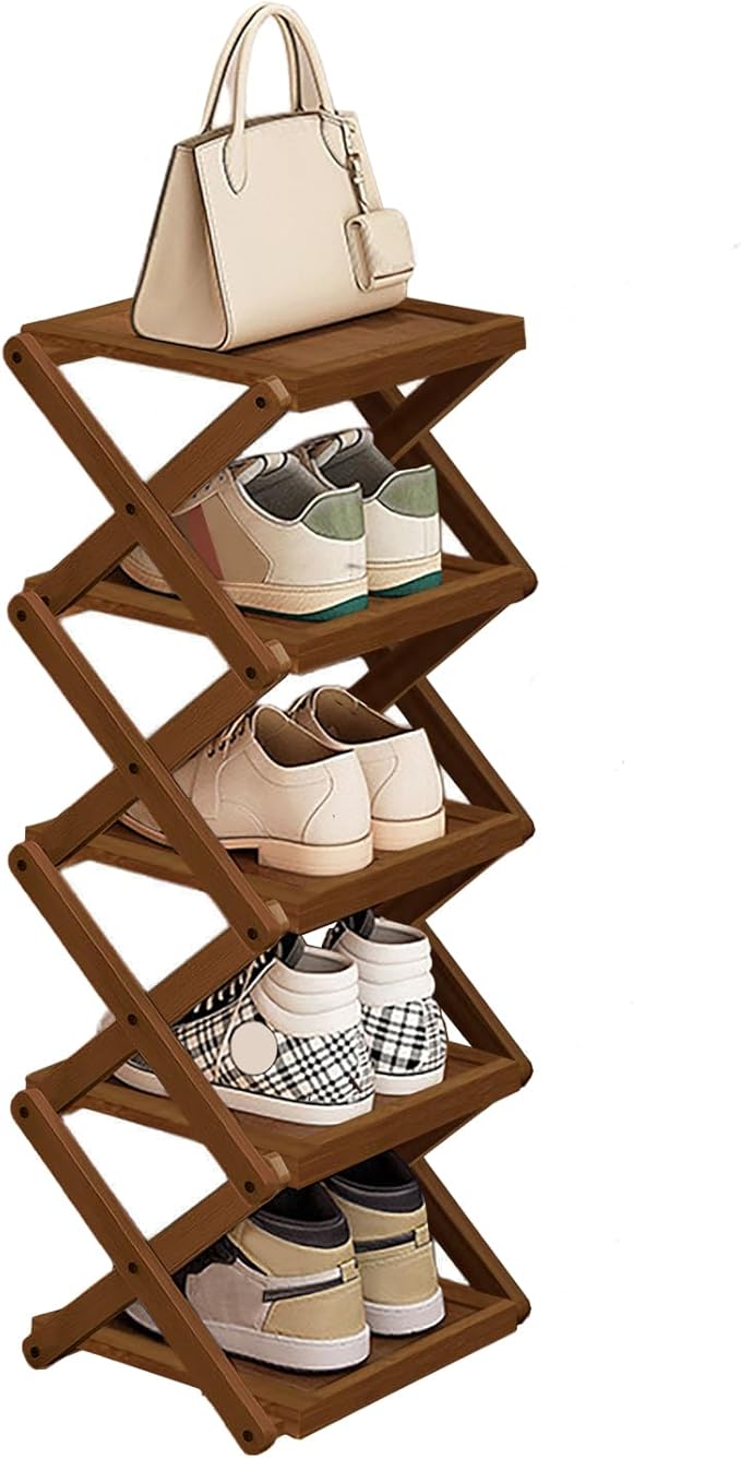 YYW Flat Bamboo Shoe Rack for Entryway, Installation-Free and Folding Vertical Small Shoe Rack, Saves Space Narrow Shoe Racks for Doorway Closet