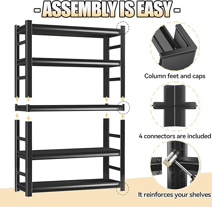 Garage Storage Shelves,5 Tier Shelving Unit, 40 inch Wide, 18” Deep, 78” Tall Organizer Metal Shelf for Basement/Laundry/Pantry Heavy Duty, Adjustable,Easy to Install (5Tier-47"Wx24"Dx72"H with Fence)
