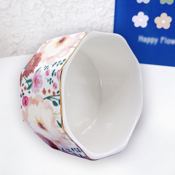 Ceramic Paper Clip Holder Gold Line Paper Clip Dispenser Organizer for Desk Cute Floral Pattern Office Binder Clip Holder Bobby Pin and Hair Clip Holder Gift for Office (White Pink)