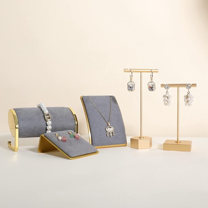 GemeShou Grey Necklace display stand, Velvet Jewelry necklace display holder for selling, small metal earring neck storage organizer, online jewelry photography props【Grey】