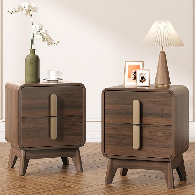Nightstands Set of 2, Mid Century Modern Nightstand with Drawers, Bedside Tables with Solid Wood Legs, End Side Tables for Bedroom, Small Space,Walnut
