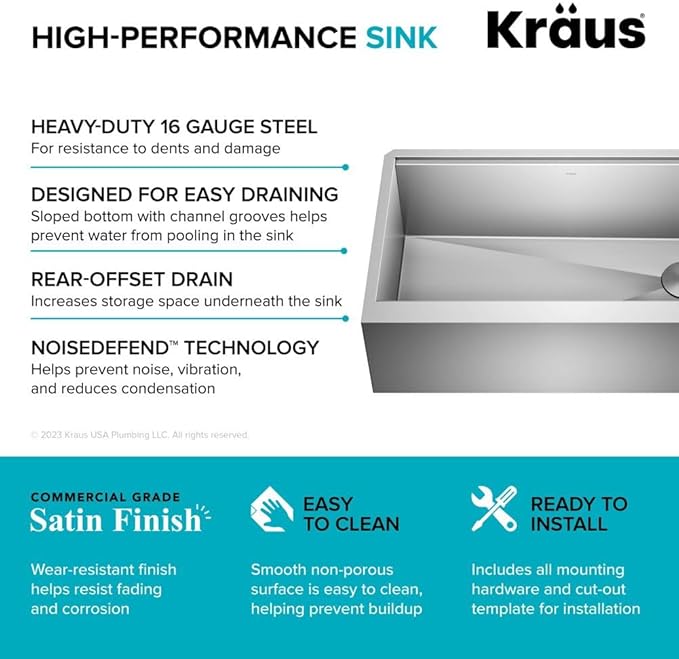 Kraus Kore 33-Inch Farmhouse Workstation with In Sink Dish Drying Rack, Stainless Steel Kitchen Sink, KWF410-33