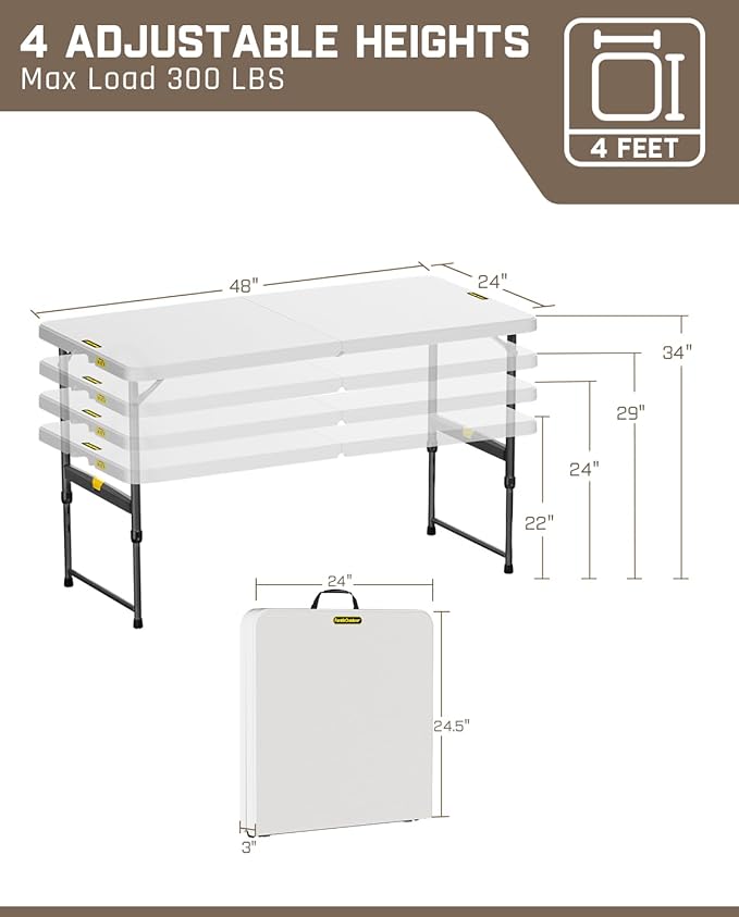 FanttikOutdoor 4ft Portable Folding Table, One-Handed Height Adjustment, 4 Heights, Gravity Lock, Carry Handle, Indoor Outdoor Heavy Duty Fold-in-Half Utility Table, Party, 1 Pack, White Zeta X4 Pro