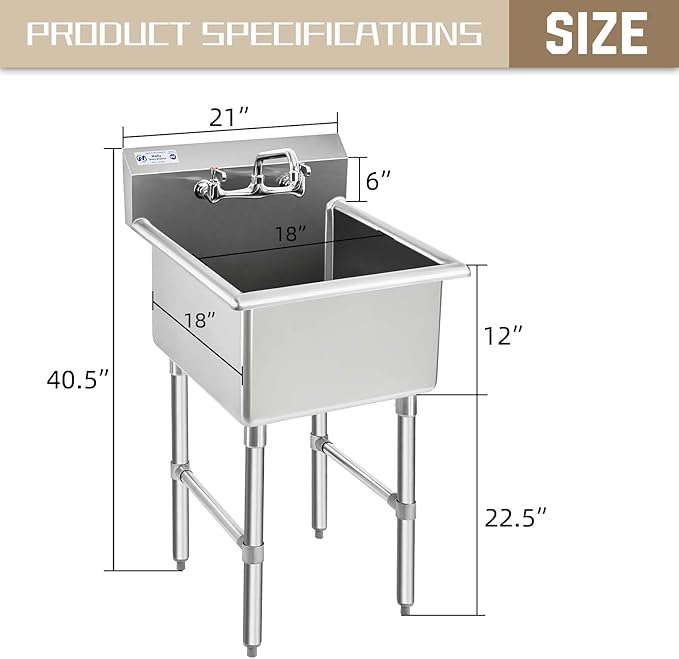 HALLY Commercial Stainless Steel Sink 1 Compartment NSF Prep & Utility Sink with 8" Faucet 18" L x 18" W x 12" D Bowl for Bar, Restaurant, Kitchen, Hotel and Home