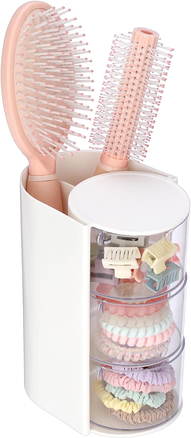 Rotating Accessories Organizer with Comb Holder Plastic Hair Clips Storage Container Cosmetic Storage Box for Makeup Sponge Brush, 3-Layer White