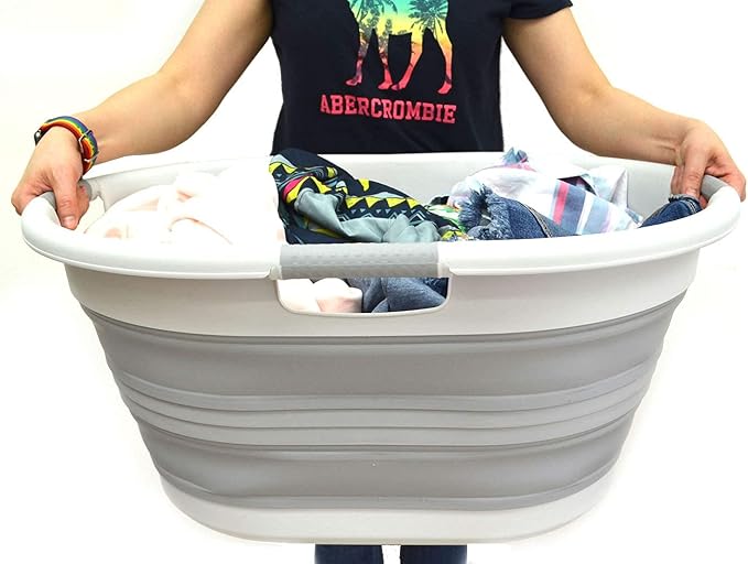 SAMMART 57L (15 Gallons) Collapsible 3-Handled Plastic Laundry Basket - Oval Tub - Portable Washing Tub-Space Saving Laundry Hamper, Water Capacity 44L / 11.6 Gallon (2, Grey/Grey)