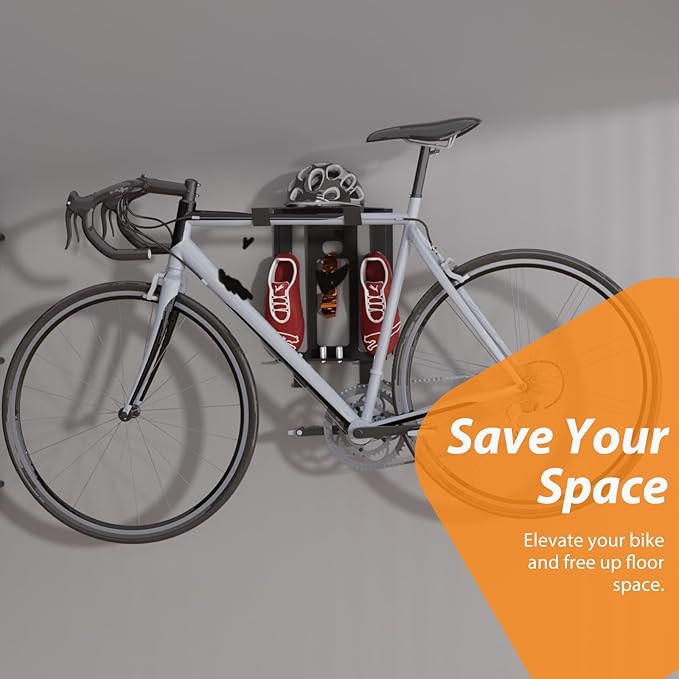 Bike Wall Mount Rack, Wall Bike Rack with Shelf and Hooks, Bike Storage Wall Mount System For Race Bicycles and Mountain Bikes, Space Saving Wall Mounted Hanger for Garage, Store your helmet and shoes
