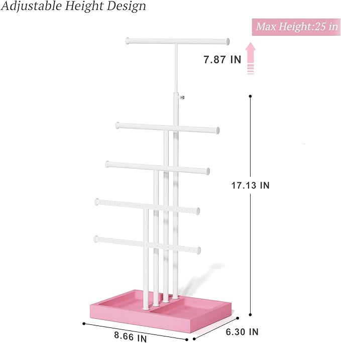Love-KANKEI Jewelry Organizer Stand, 5 Tier Large Necklace Holder with Wood Base, Jewelry holder stand Tree for Display, Bracelets Earrings Rings, Height Adjustable Gift Pink and White