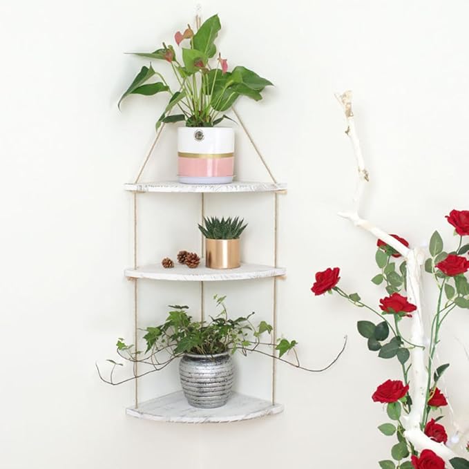 BESPORTBLE Nordic Style Fan-Shaped Wall Corner Rack with Detachable Wooden Shelves and Rope Design Space-Saving Floating Storage Shelf for Plants Crafts Photos in Bedroom Living Office
