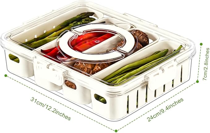 Salad Bar Containers for Fridge with Lid and Handle, Fruit Storage Containers with 4 Removable Colanders, Berry Box Fresh Produce Saver for Fruit, Veggie, Refrigerator, Kitchen, Picnic, 2 Pack