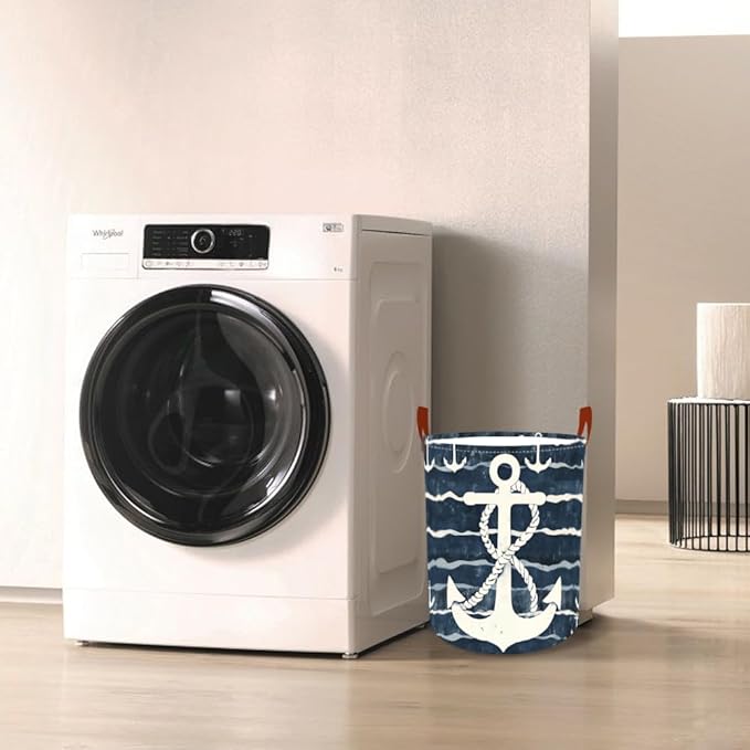 Laundry Baskets 15.7x19.7 Inch Large Nautical Anchor Design Collapsible Laundry Hamper with Handles Oxford Fabric Clothes Storage Bin Foldable Dirty Clothes Organizer for Bedroom Bathroom Dorm