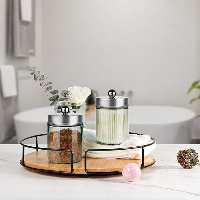 Amolliar Sage Green Qtip Holder, Glass Apothecary Jar Metal Lid & Sticker, Bathroom Qtip Dispenser Storage Canister, Perfect for Cotton Balls Swabs, Round Pads, Bath Salt, Floss, Brushed Nickel 4 Pack
