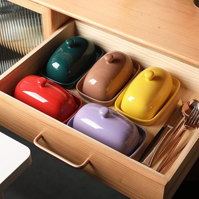 Sweejar Ceramic Butter Dish with Lid for Countertop,Porcelain Butter Keeper with Knob Handle,Butter Container for East/West Coast Butter, 7.1*3.7 inches (Red)