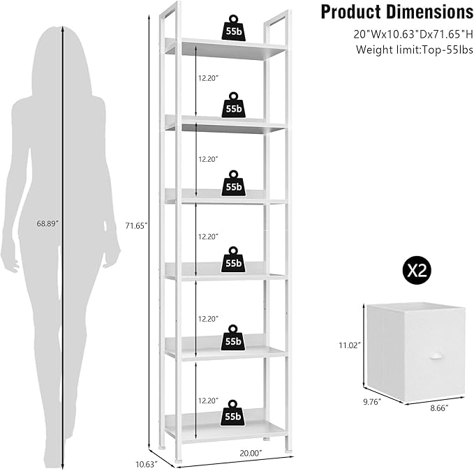 Furologee White 6 Tier Bookshelf with Drawers, Tall 71" Bookcase with Shelves, Modern Wood and Metal Bookshelves Storage Organizer, Display Free Standing Shelf Unit for Bedroom, Living Room, Office