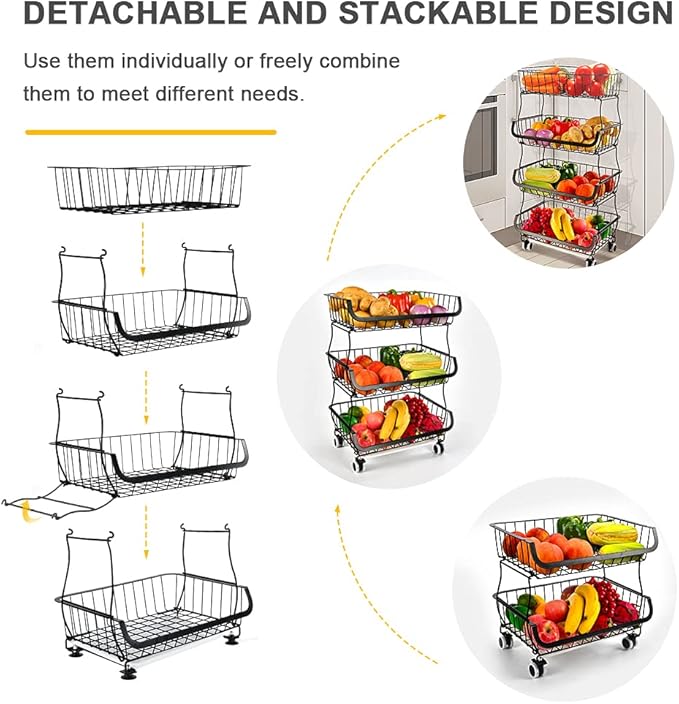 Miyawell Fruit Vegetable Storage Basket, 4 Tier Stackable Metal Wire Storage Baskets with Wheels, Fruit Vegetable Produce Basket Organizer Bins for Kitchen, Pantry, Bathroom