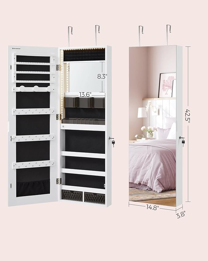 SONGMICS Mirror Jewelry Cabinet Armoire Organizer, Wall or Door Mount Storage Cabinet with Full-Length Frameless Lighted Mirror, Built-in Makeup Mirror, 2 Drawers, Lockable, Christmas Gift, White