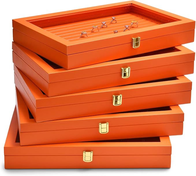 Oirlv 24 Grid Premium Leather Jewelry Organizer Tray with Transparent Lid Jewelry Display Case Drawer Insert Rings Earrings Holder