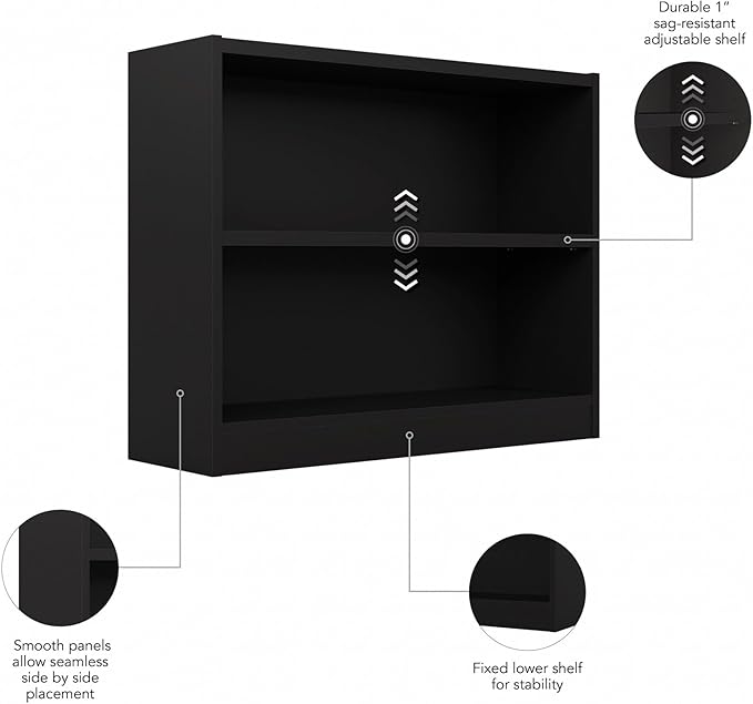 Bush Furniture Universal Small 2 Shelf Bookcase in Black, Low Storage and Display Bookshelf for Home Office or Living Room Organization