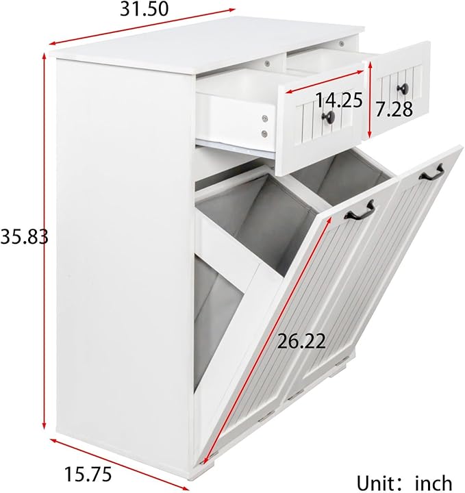 Laundry Hamper Cabinet with 2 Baskets & 2 Drawers, 31.5" Bathroom Clothes Sorter Storage Cabinet for Bathroom Laundry Room, Tilt-Out Hamper Organizer with Divided Sections