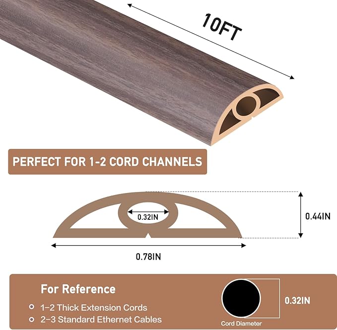 Floor Cord Cover Self Adhesive Cord Hider Floor Extension Cord Covers for Floor Power Cord Protector Cable Management Prevent Cable Trips Cable Cavity 0.32" W x 0.32" H (Brown Walnut Wood, 10Ft)