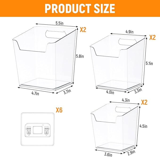 6 Pcs Clear Adhesive Wall Storage Bins, Small Cabinet Door Organizer Holders, Hanging Wall Mount Pockets, Plastic Cups for Shower Bathroom Makeup Office Craft Remote Kitchen Sink RV Organization