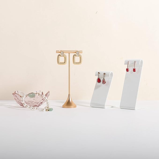 GemeShou Single Gold Earring T bar Stand, Metal earring display holder for show, Small jewelry studs hanger for Online store Photo Shoot【Gold-Cone Base Height 5"】