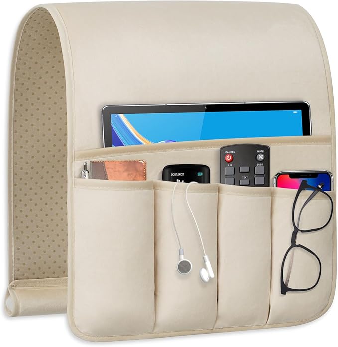 TV Remote Control Holder Couch Caddy, Non-slip Bedside Caddy Organizer with 5 Pockets for Key Glasses Phone Magazine Holders (Beige, 35"x12.4")