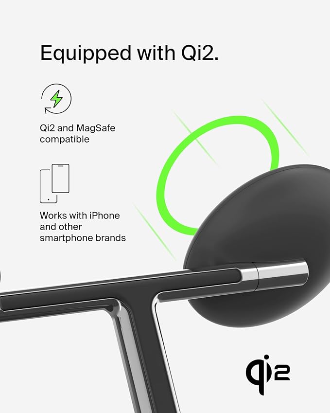 Belkin MagSafe-Compatible 3-in-1 Wireless Charger Stand 15W - Qi2-Certified Wireless Charging Station, Fast Charging of iPhone 16, AirPods, & Apple Watch - 36W Included - Black