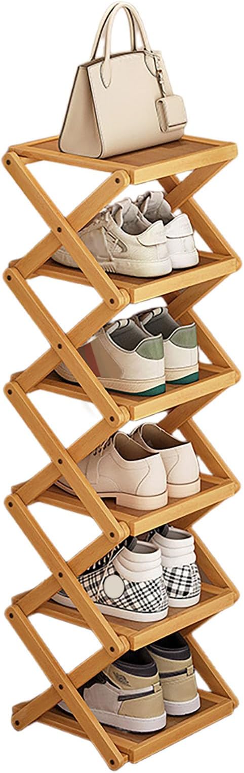 YYW Flat Bamboo Shoe Rack for Entryway, Installation-Free and Folding Vertical Small Shoe Rack, Saves Space Narrow Shoe Racks for Doorway Closet