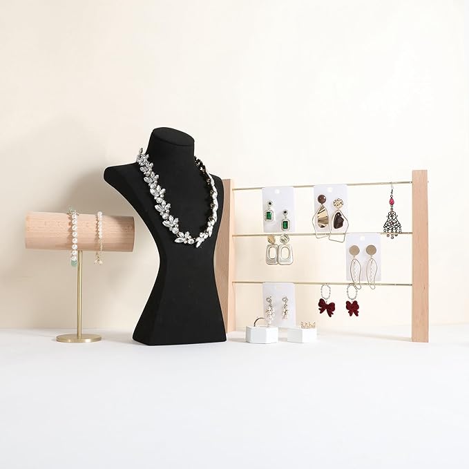 GemeShou Black necklace storage hanger stand jewelry organizer, Velvet jewelry stand necklace holder, jewelry mannequin bust for necklaces, jewelry bust display stands【Black-Large height 12 inch】