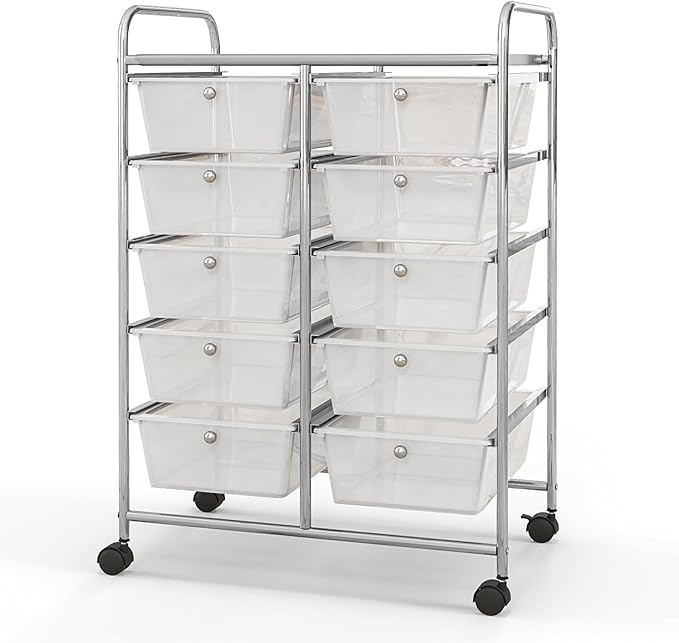 Giantex 10 Drawers Rolling Cart, Classroom Organizers, Storage Cart with Wheels, for Teacher Office Home School Supplies Tool Craft Art Paper, Clear White