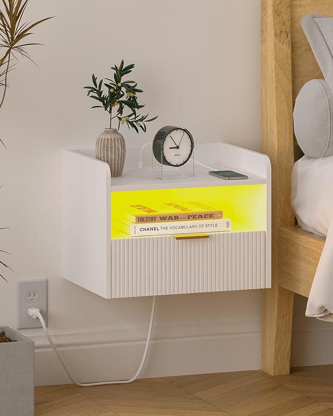 White Floating Nightstand with Charging Station and LED Lights (White)