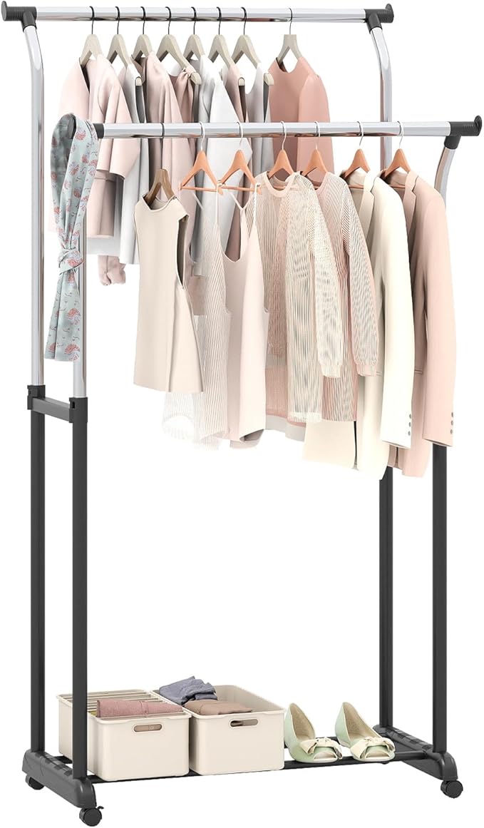 COSTWAY Double Rod Clothing Rack, Rolling Garment Rack with Shelf, Wheels, Adjustable Height Heavy Duty Metal Clothes Racks for Hanging Clothes for Dressing Room, Laundry, Living Room