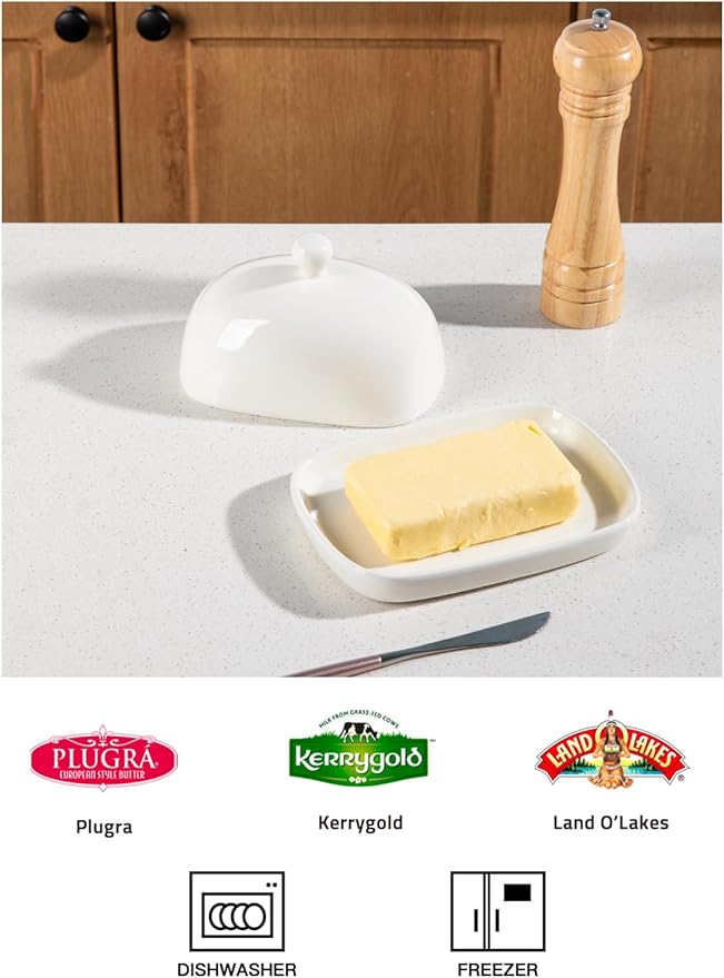 Sweejar Ceramic Butter Dish with Lid for Countertop,Porcelain Butter Keeper with Knob Handle,Butter Container for East/West Coast Butter, 7.3*4.1 inches (Beige)