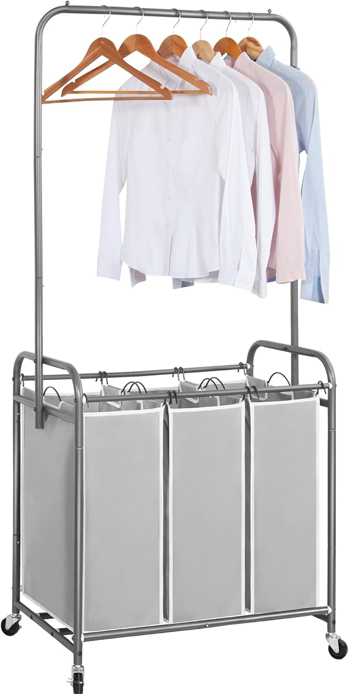 STORAGE MANIAC 136L Laundry Sorter with Hanging Bar, Portable, Removable Laundry Hamper Cart with Heavy Duty Rolling Lockable Wheels and Removable Bags, Rolling Laundry Basket Organizer, 3 Section