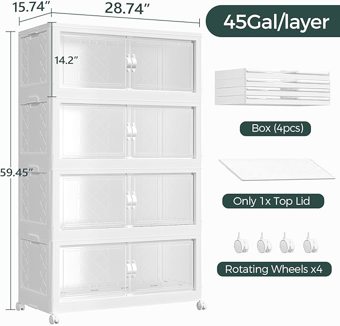 720QT Extra Large Stackable Storage Bins with Lid, 180Gal Collapsible Closet Organizer Box with Wheels, Folding Plastic Storage Cabinet with Doors for Home Kitchen Office Dorm, 4Pack White