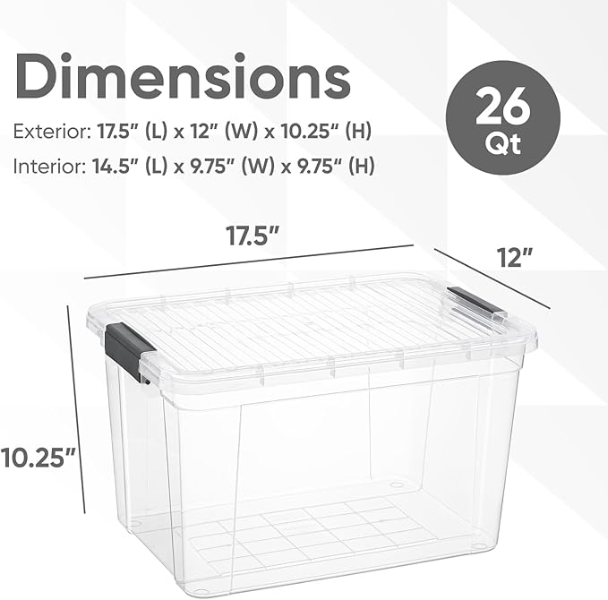 Superio Clear Storage Boxes with Lids, 26 Quart Plastic Container Bins for Organizing, Stackable Crates, BPA Free, Non Toxic, Odor Free, Organizers for Home, Office and Dorm, 6 Pack