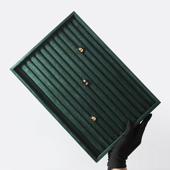 Velvet Ring Display Tray, Stackable Muilt Slot Rings Ear Stud Storage Tray, Drawer Insert Jewelry Accessories Organizers Plate (Green)