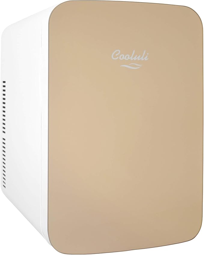 Cooluli 15L Mini Fridge for Bedroom - Car, Office Desk & College Dorm Room - 12v Portable Cooler & Warmer for Food, Drinks, Skincare, Beauty & Makeup - AC/DC Small Refrigerator with Glass Front, Gold