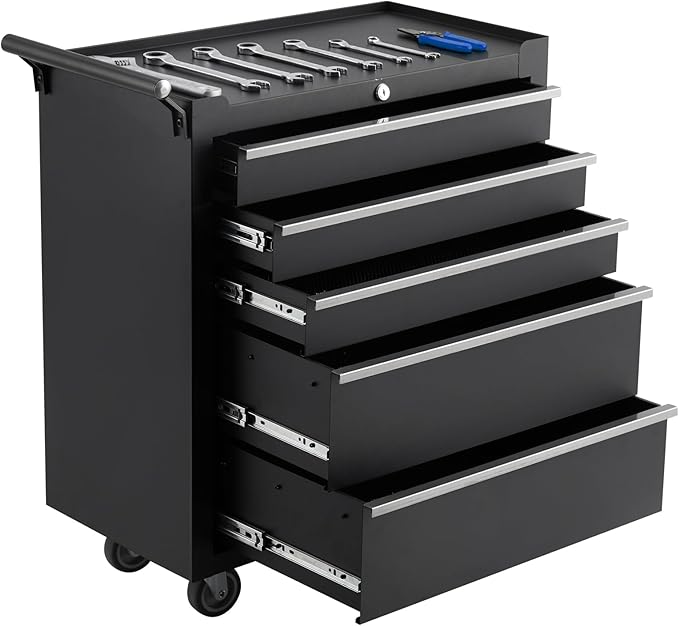 IDEALHOUSE Rolling Tool Chest, 5 Drawers Tool Storage Cabinet, Toolbox with Wheels, Portable Tool Cabinet Organizer with Locking System & Drawer Liners, Tool Storage Cart for Garage, Workshop, Black