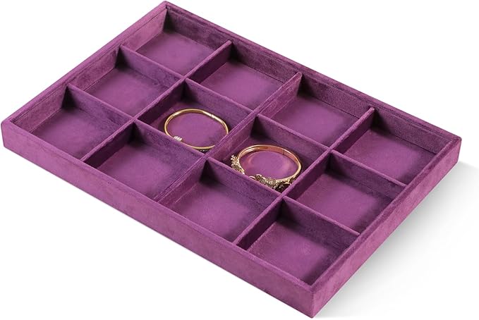 Velvet Stackable Jewelry Display Tray, 12 Grid Watch Bangle Bracelet Storage Tray, Makeup Drawer Insert Jewelry Shop Organizer Plate (Purple)
