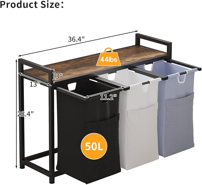 Laundry Basket Three Laundry Hamper with Removable Bags, Fabric Handles, Large Top Shelf and Laundry Bag for Bathroom, Dorm, Laundry Room