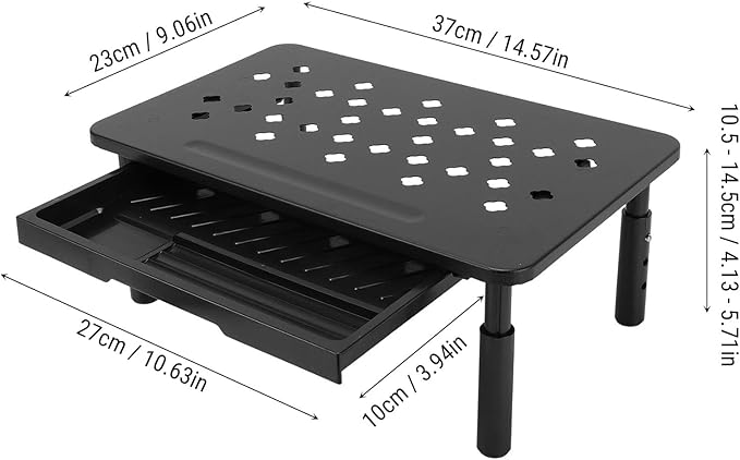Denash Desktop Computer Riser Stand with Drawer, 3 Adjustable Height Metal Monitor Stand, 20KG Capacity Laptop Shelf for Workspace Organization (Black)