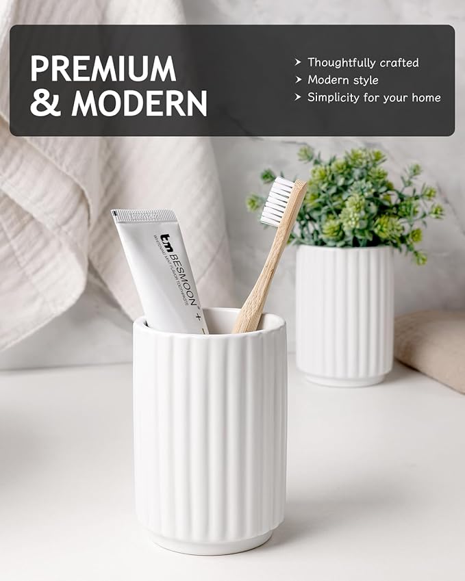 Toothbrush Holder, Tooth Brush Holder for Bathroom - Ceramic Toothbrush Cup Toothbrush Holders Countertop, Stripe Design Makeup Brush Holder Pen Holder, ANTIS'S HOME (White)
