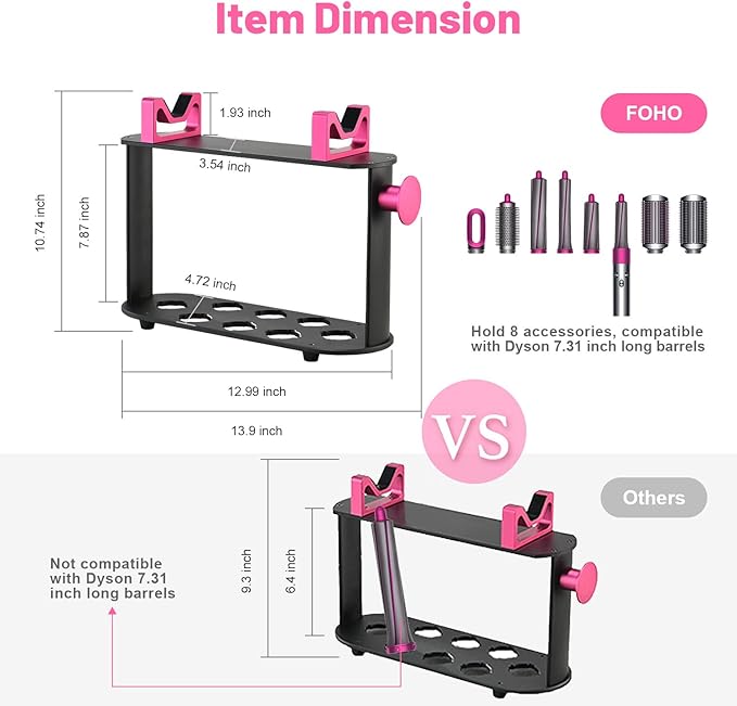 Foho Storage Holder Compatible for Dyson Airwrap Styler, 8-Holes Countertop Bracket Organizer Stand Storage Rack for Hair Curling Iron Wand Barrels Brushes Diffuser Nozzles for Home/Bedroom/Bathroom