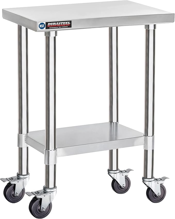 DuraSteel 24x18 NSF Stainless Steel Cart - Heavy Duty Rolling Food Prep Table with Undershelf - Metal Utility Cart for Commercial Restaurant Kitchen, Laundry, Side Mixer Stand