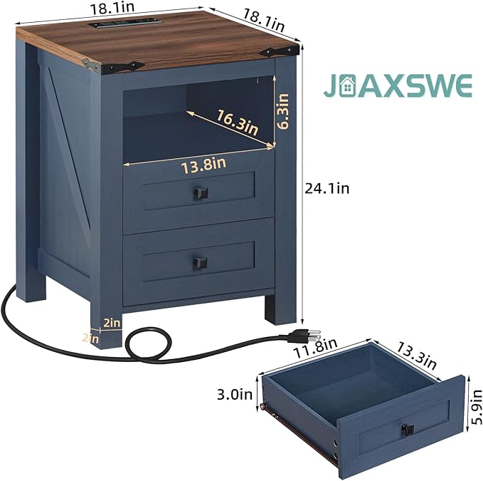 Nightstands Set of 2 with Charging Station, Farmhouse Night Stand with 2 Drawers and Shelf Storage, Wooden Side End Table, Bedside Cabinet for Bedroom, Living Room, Closet,Office (Blue)
